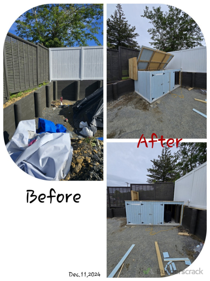 A pool shed with timber cladding