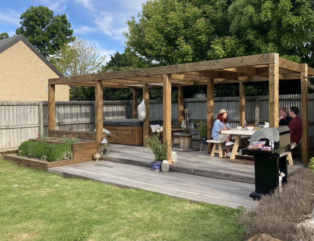Chunky macro pergola with spa area and planters in Rangiora