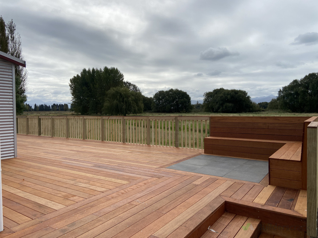 Kwila deck near Hawarden with built in seat and fire pit