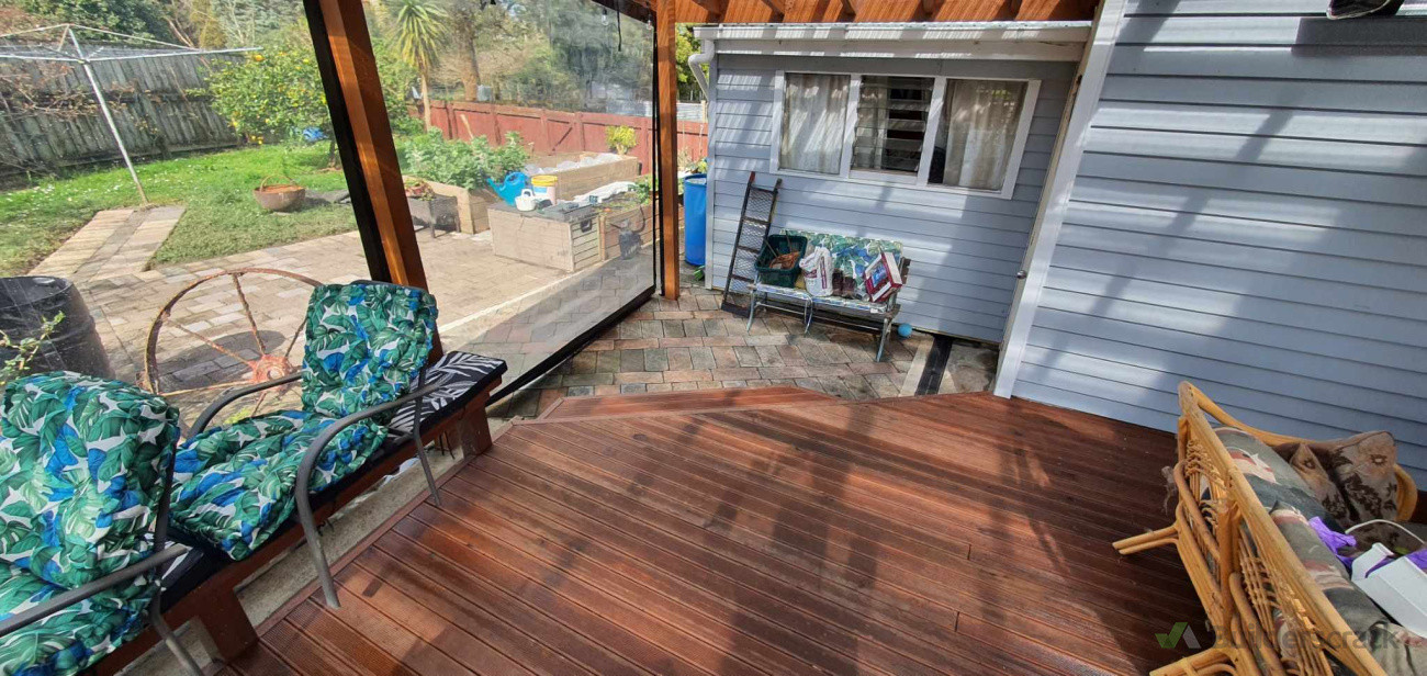 Built deck, roof frame for deck and paving