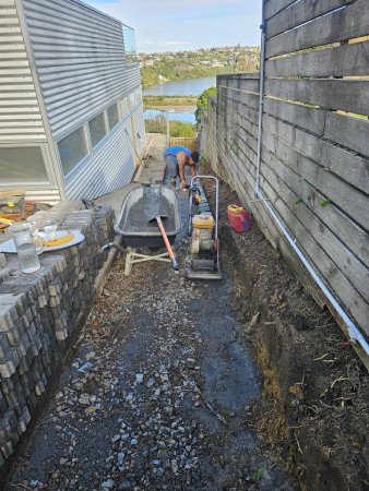 Survey site, plan design, clear area, excavate, level, and prepare foundation.