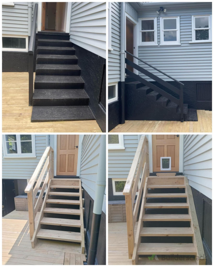 Build timber stair on top concrete stairs was too low and installed dog  doors