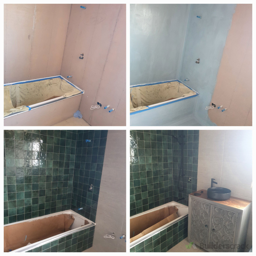 Bathroom waterproofing and tiling, unusual tile combination but worked out well.