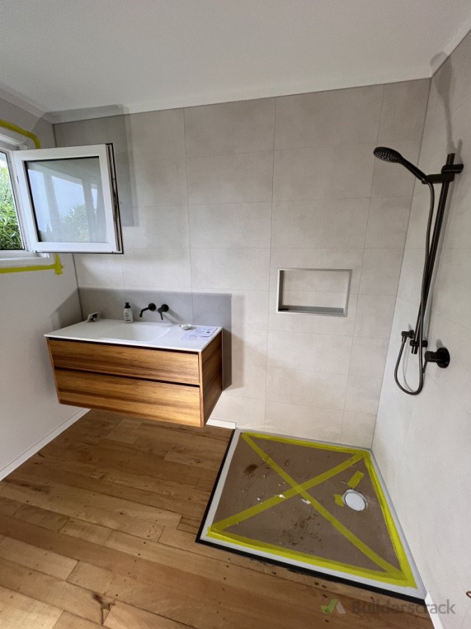 Bathroom renovation with recessed shower base & waterproof panels Fibo