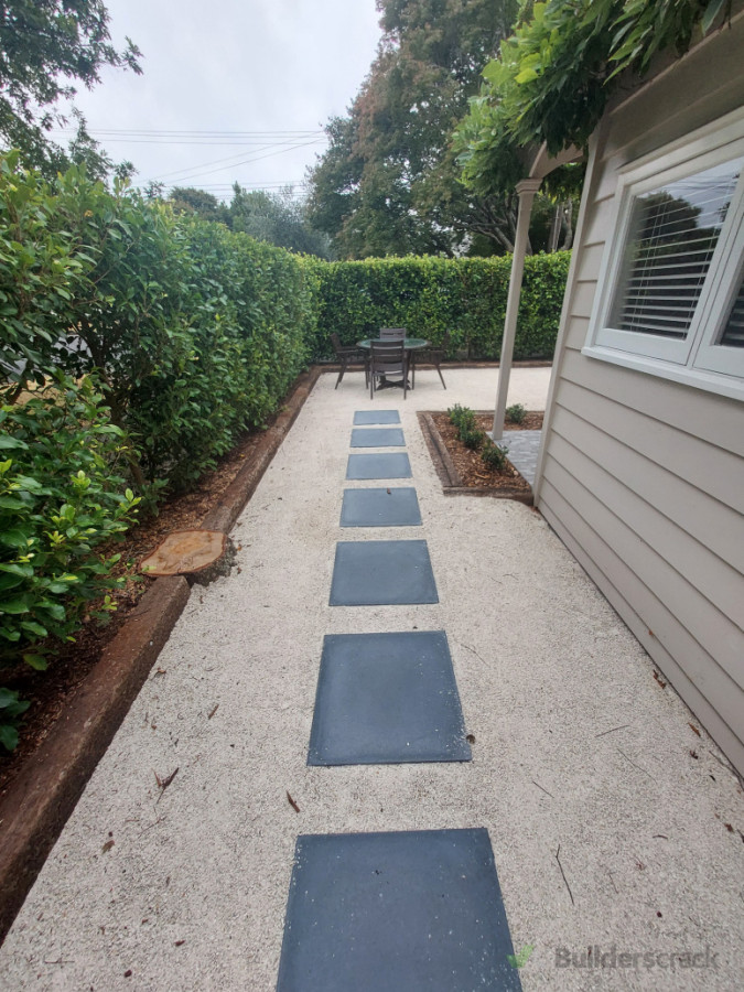 Side paver access and hoggin surface finish and railway sleepers edging