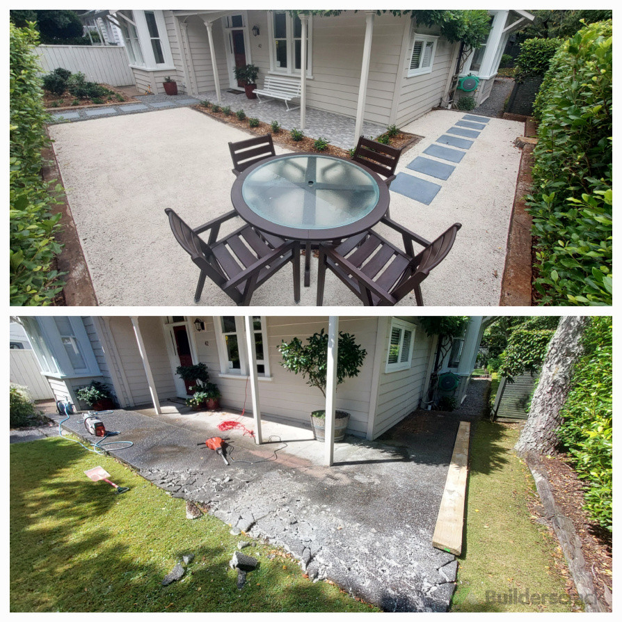 Railway sleepers edging, paving , hogging entertainment area and new gardens