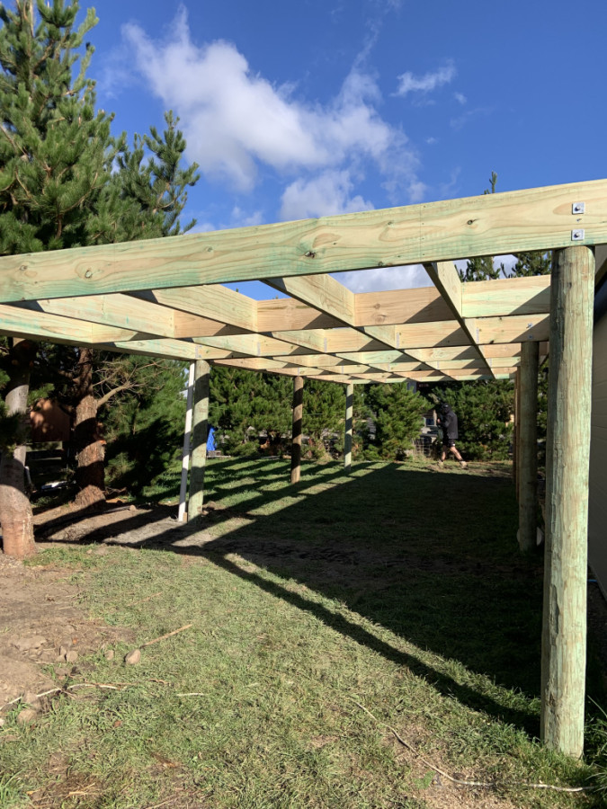 Sunshine and progress! ☀️ Excited to see this freshly framed carport take shape