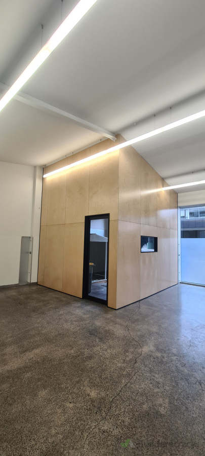 Steell stud wall and custom made glazing with prefineged Plywood