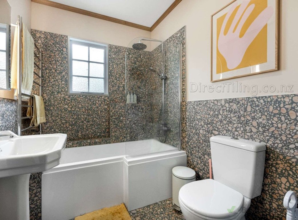 Unique Terrazzo-Style Tiling with Custom Shelves