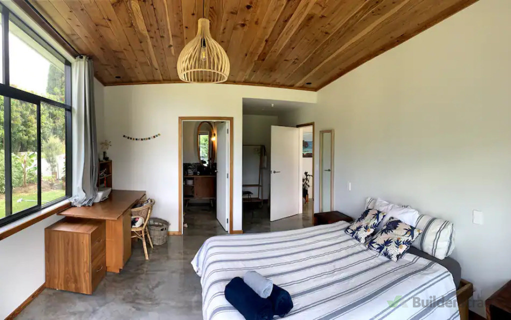Master bedroom with custom Japanese cedar trim.