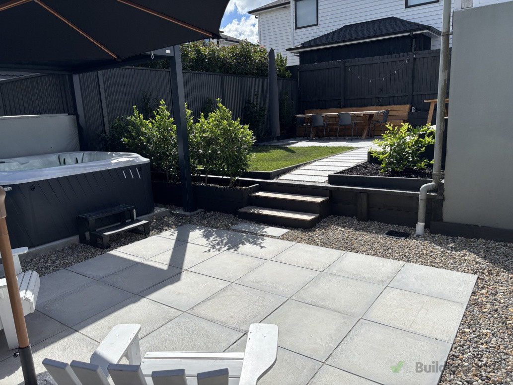 Paving, garden boxes and steps.
