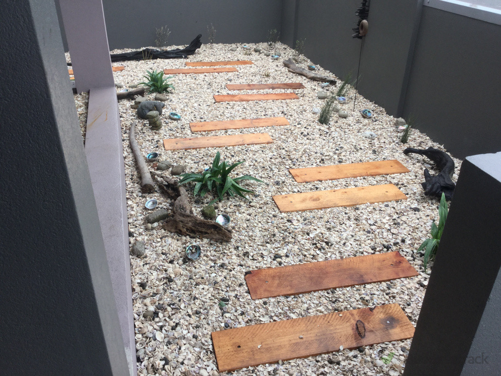 beach theme landscape with macrocarpa boardwalk