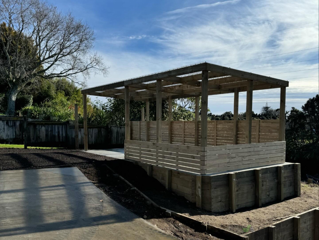 Stepped retaining, pergola with privacy screens and lawn prep