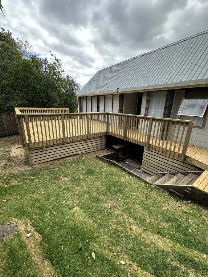 New decking 140 mm pine with new wooden hand rail .