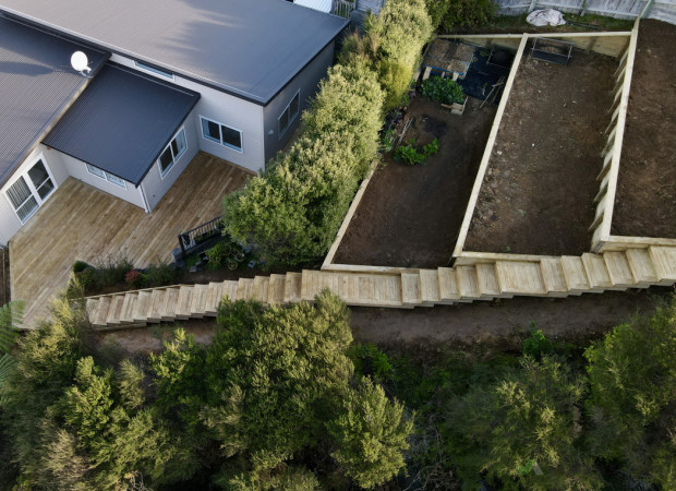 Side veiw of the access stairs anmd landings and the upper retained terraces