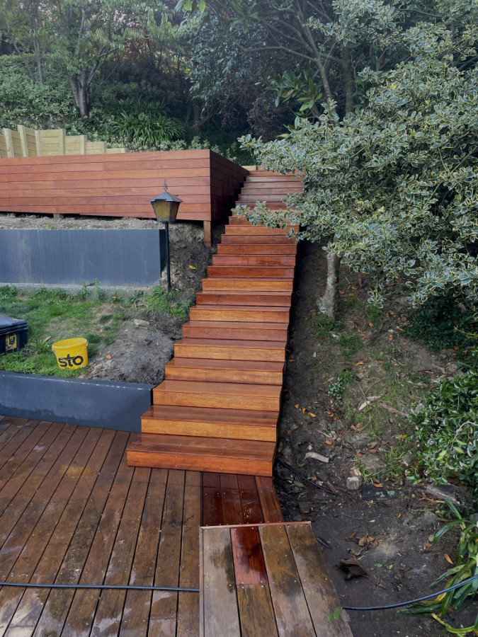 Staircase, deck, retaining wall