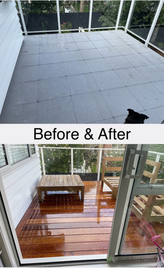 A kwila deck on adjustable jacks due to the membrane.