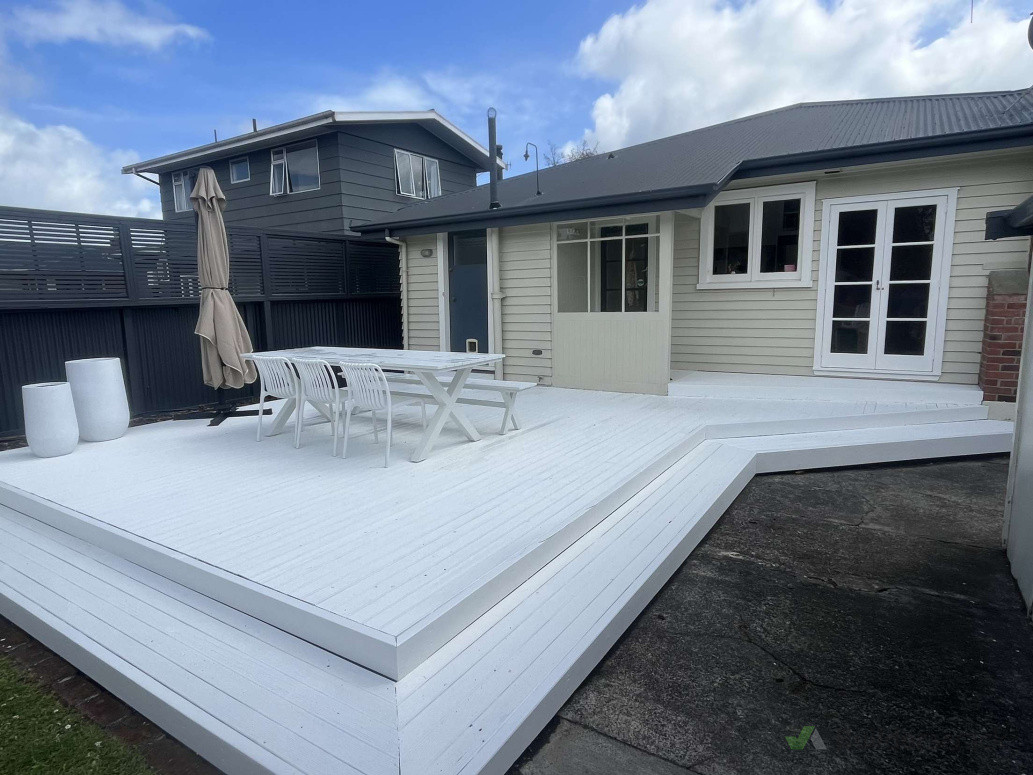 deck and outdoor area with private screens on boundary with adding in french doors to external wall