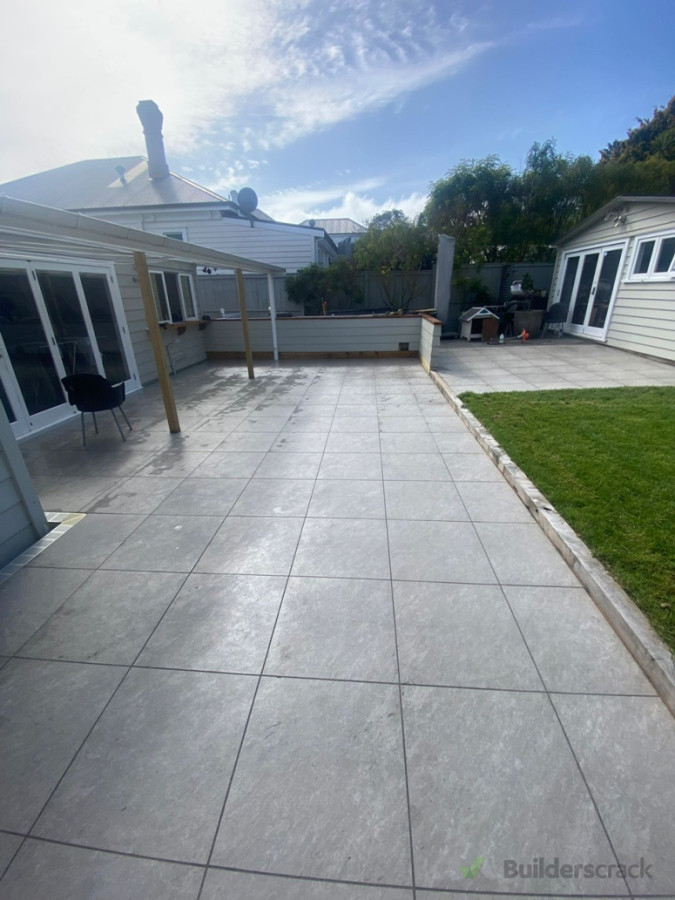 Patio area paving, strip drain and edging