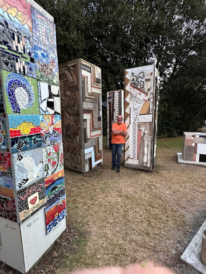 Jeff Thompson. NZ Artist with his dedicated murials to remember the Muriwai disaster. We would leave material aside for Jeff so he could build and incorporate it into his art
