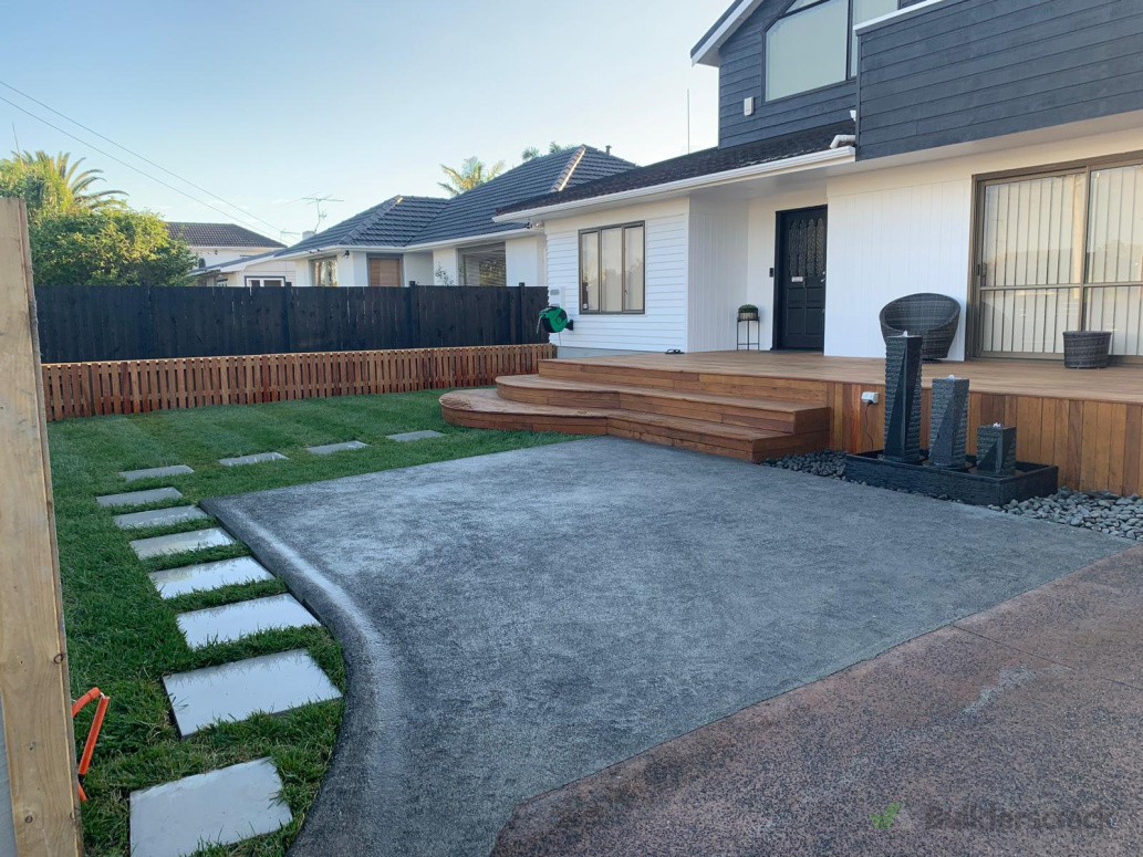 Concrete, grass, deck