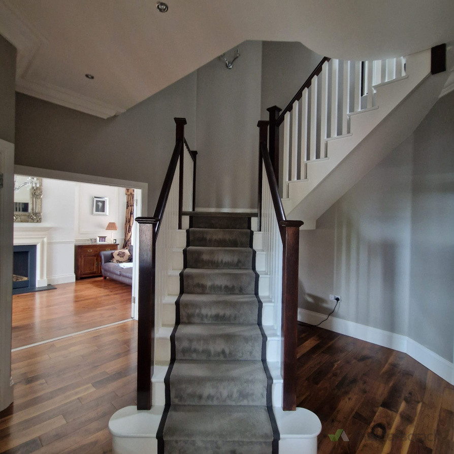 Stair handrail and spindle revamp with new engineered wallnut flooring
