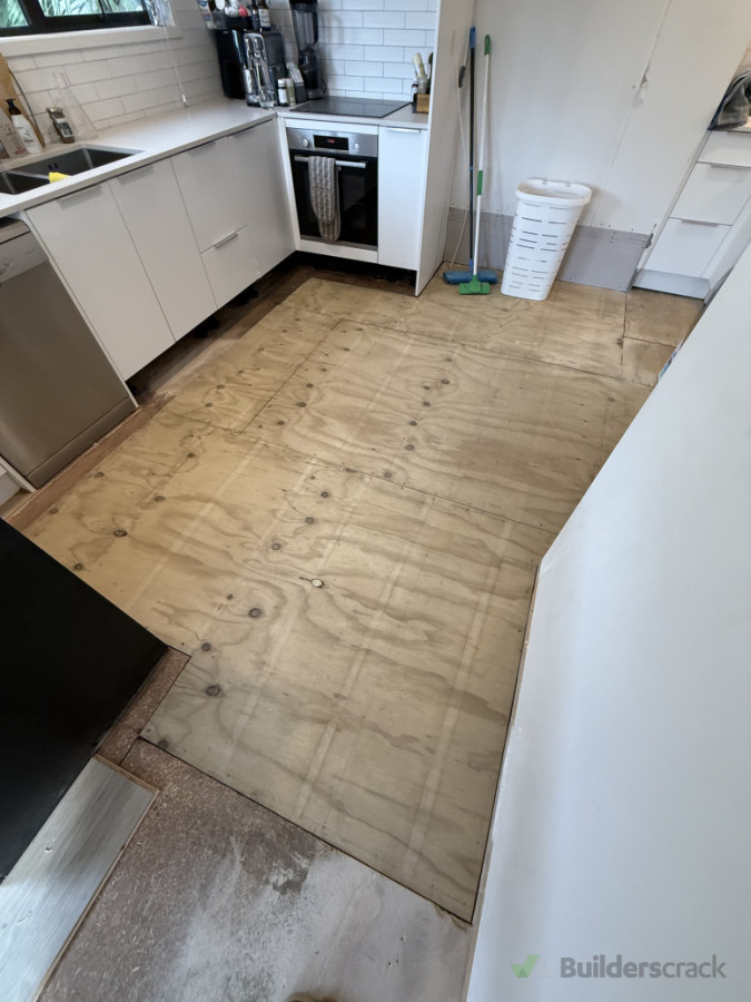 New subfloor framing and H3 plywood installed for a kitchen flood repair in mission bay