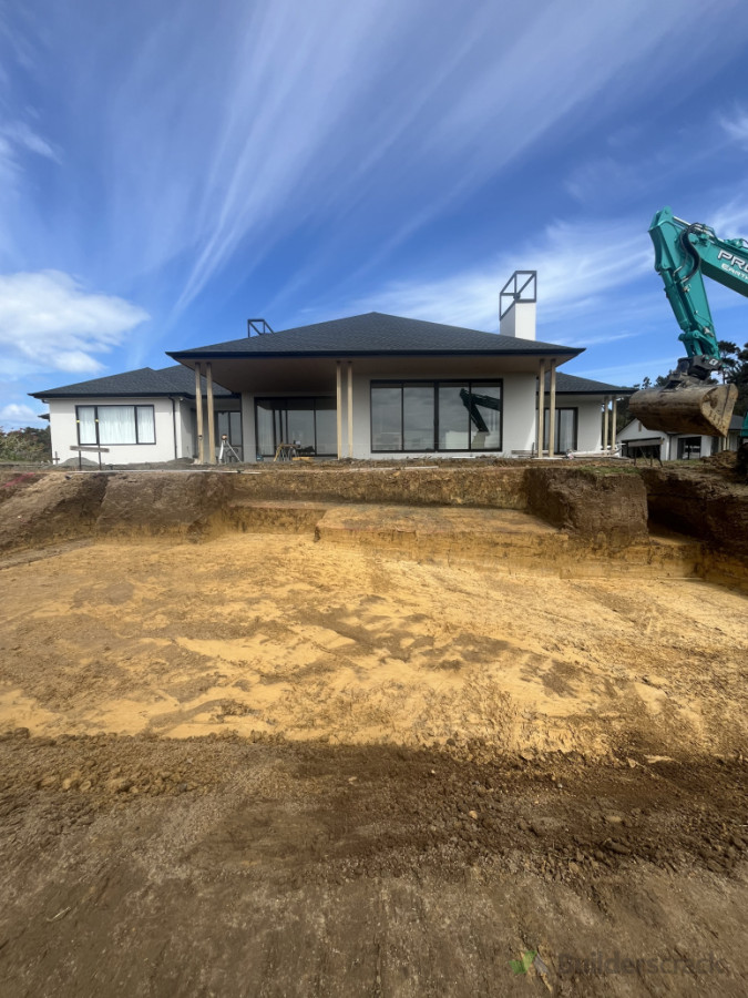 Large pool cut completed for a client — this one was a tricky dig, with sloped perimeter footings and 3-metre-deep cages drilled into solid ground.