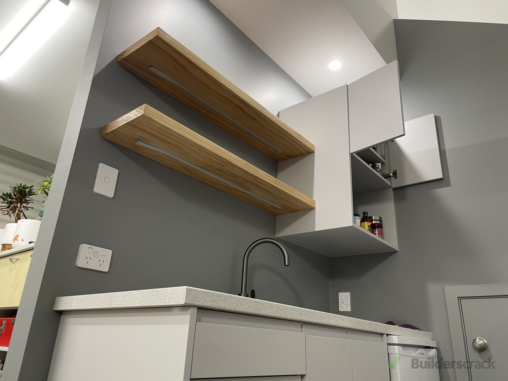 Floating shelves, beautifully designed by owner Jared, city timber provided us with these beautiful pine shelves that we sanded/routed/drilled into position. 3 coats of epoxy sealant and in they went!