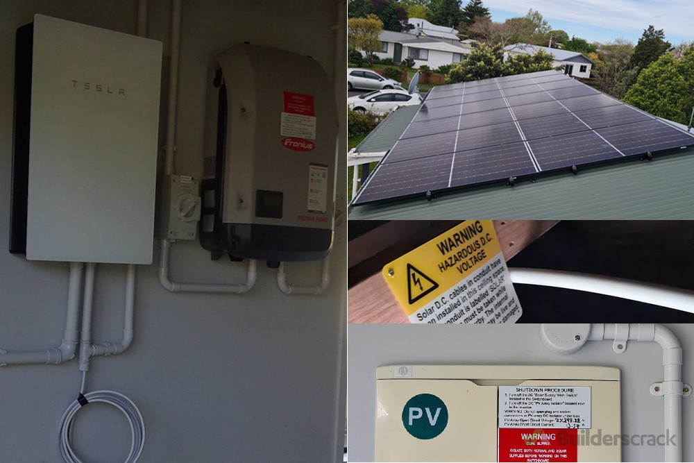 Rooftop twin array solar photovoltaic system installation with grid-tie inverter and battery energy storage system for huge energy cost savings and sustainable energy generation.