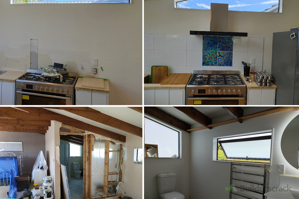 A 70s-era residential property received a full renovation to latest standards. Photos show before and after rangehood installation, and a stripped-down ensuite bathroom rebuilt with heated towel rail, LED-lighted mirror, and other modern fittings