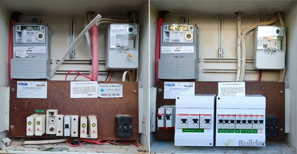 Old-style meter and fuseboard combo box which was upgraded by mounting new-style circuit breakers inside plastic enclosures. This strategy saved the client about 70% of the costs for a full switchboard replacement.