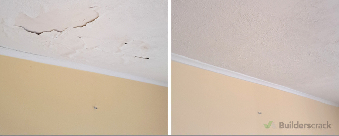 Water-damaged textured ceiling before & after