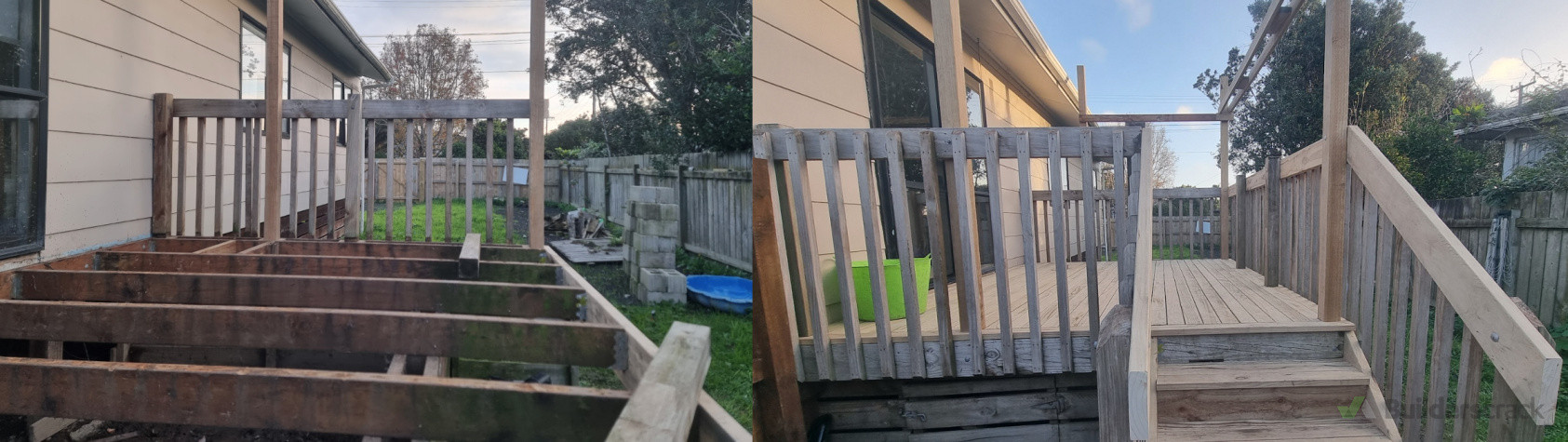 Replace decking, build new stairs and include posts for future pergola