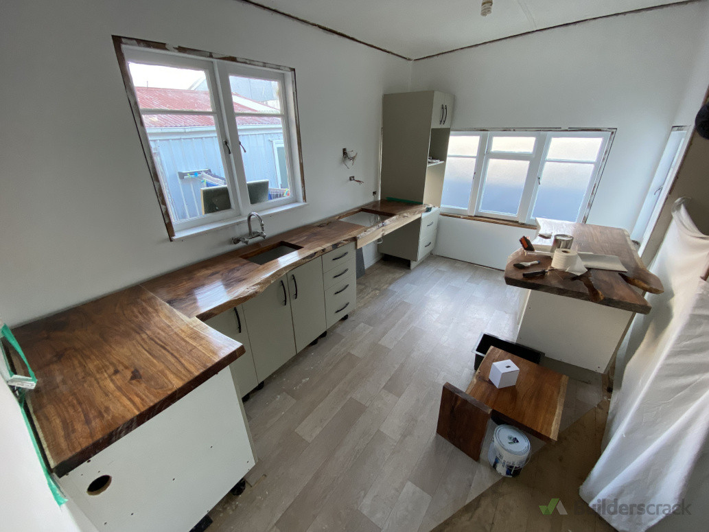 Cut, sanded, installed and finished Blackwood slabs for an amazing kitchen in Waihi