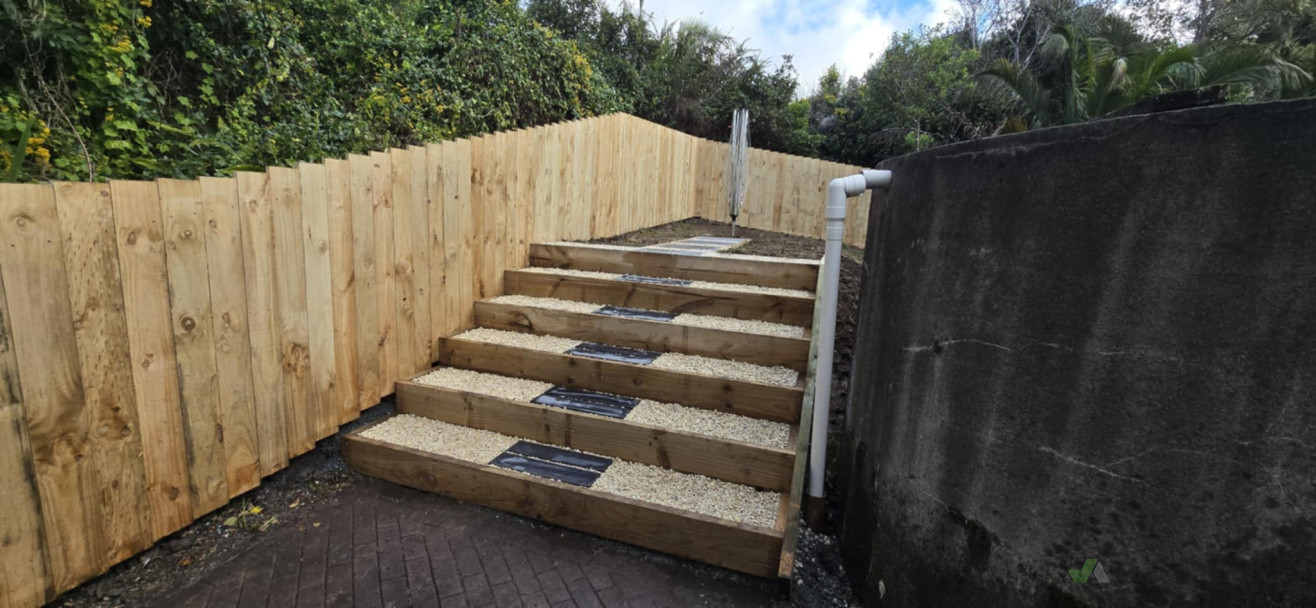Fence, stairs and paving