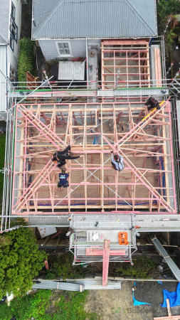 The boys up on the roof getting the second-storey framing in place. Big progress on this extension
