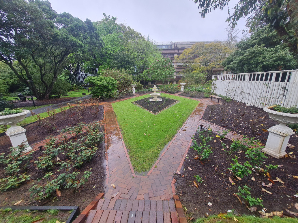 Added fountain and urns to take this rose garden to the next level.
