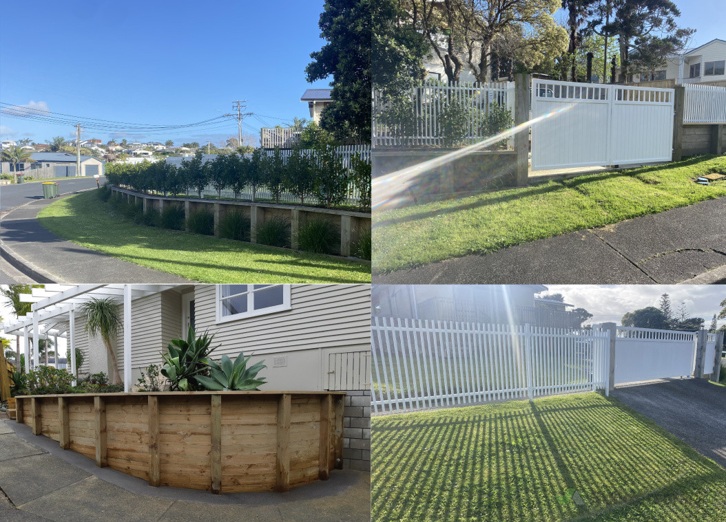 Structural retaining wall, sliding gate, driveway, landscaping and fencing