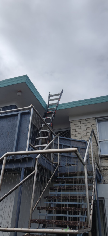 We began the job by setting up the ladder and safety system