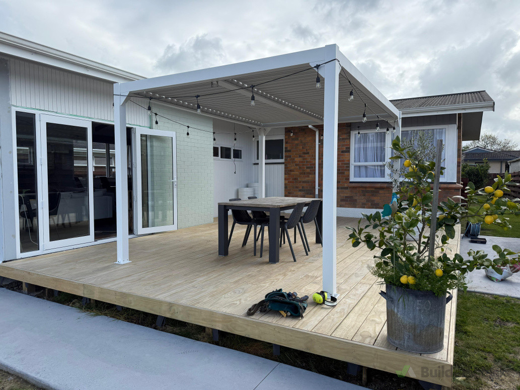 New Deck, Concrete. Pergola, Cladding and French door install