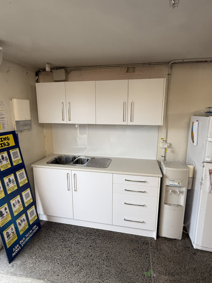 Fix water leak and installed new kitchen cabinets and installed the sinks