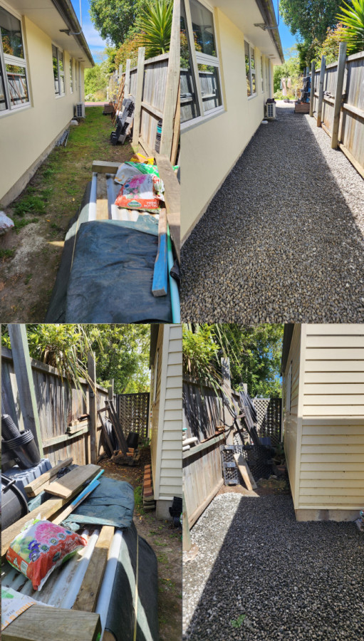 A Single day renovation of a clients side path. Levelled, weed matted, and gravelled.