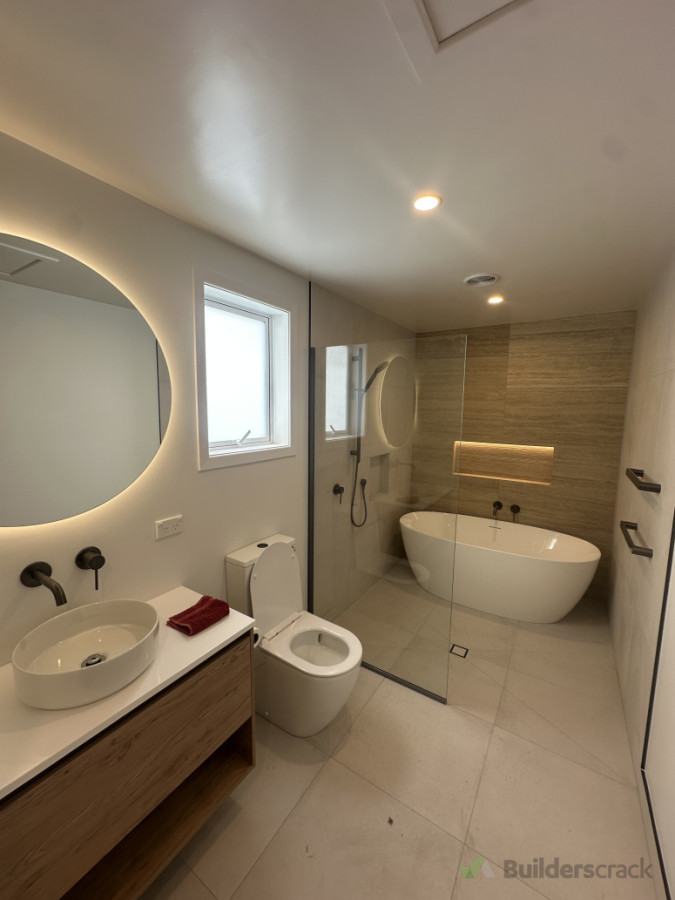 New Bathroom Upgrade with layered lighting, Features include, Under floor heating, Mirror light with demister, Single bar heated towel rails installed in the wet room, Shower niche LED