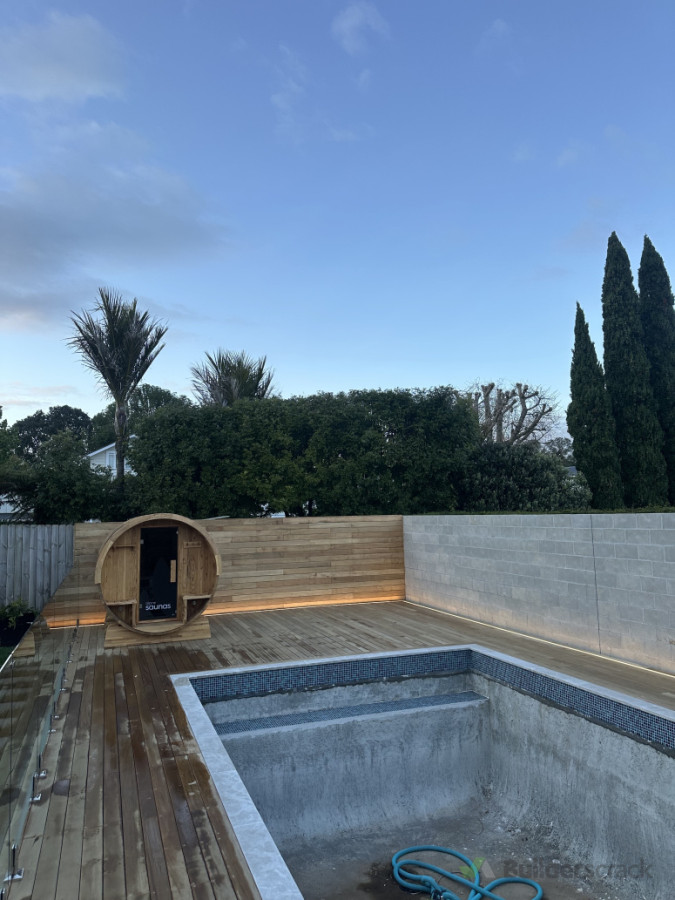 LED strip installed into deck to really make the outdoor area POP. Plus a sauna to keep warm