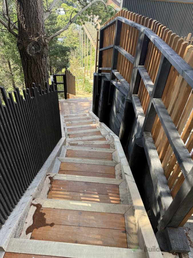 A bit of spring landscaping we have here with some custom balustrades and nice wide outdoor stairs framed with macrocarpa sleepers and finished flush with Vitex decking! A little tricky and time consuming but we love a challenge!