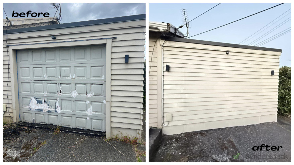 Replace exterior gate and match surrounding weatherboard.