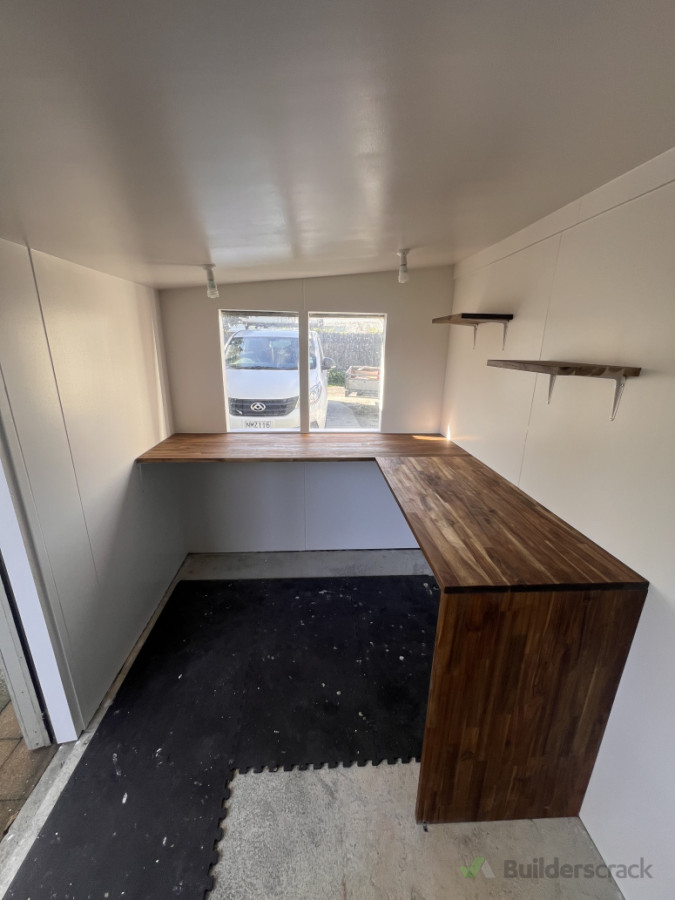Garden shed shelving and workbench