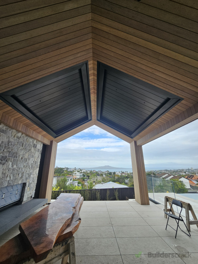 Cedar soffit and wall cladding outdoor entertaining area