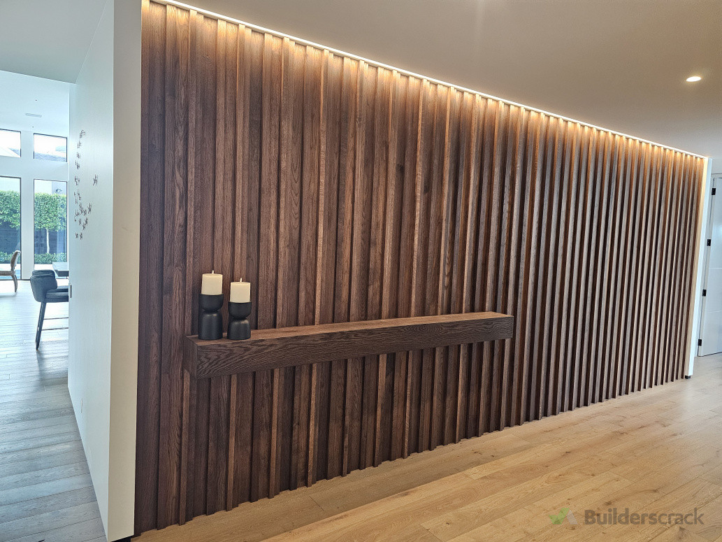 3 different gauge oak boards with floating shelf and strip light above